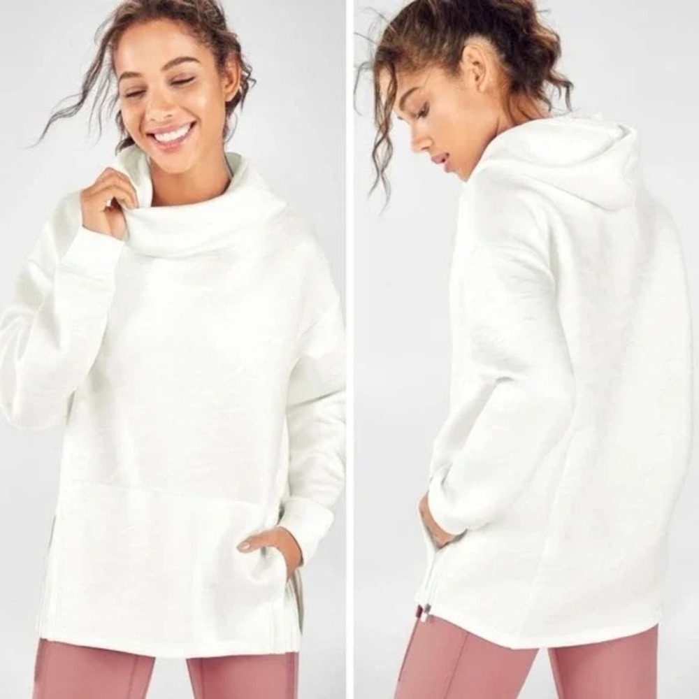 Fabletics Hoodie Large White Camo Jacquard Cowl Neck Side Zip Pullover Sweatshir